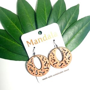 MANDALA Laser Cut Light Wood LG Earrings Sterling Silver Boho Pattern Style NWT